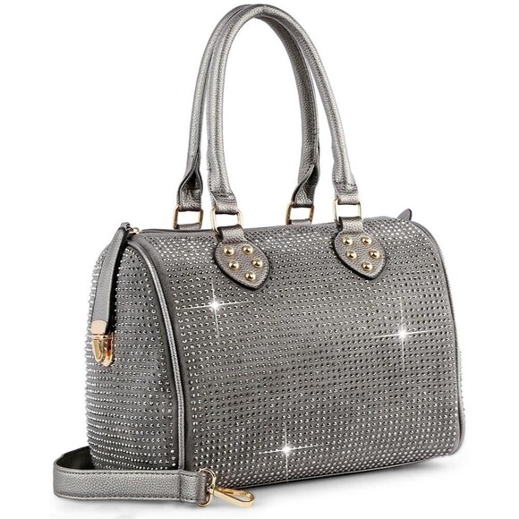 Unbranded Handbags - Women's Medium Pewter Rhinestone Covered Locked Satchel With Top Black Handles